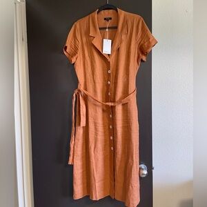 Quince Terracotta Linen Button Front Midi Dress sz M NWT ALine Belt Short Sleeve